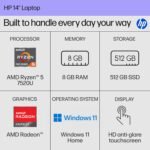 HP 14 inch Laptop, HD Touchscreen Display, AMD Ryzen 5 7520U, 8 GB RAM, 512 GB SSD, AMD Radeon Graphics, Windows 11 Home, Natural Silver Color - Image 2