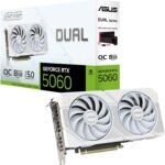 ASUS Dual GeForce RTX 5060 8GB GDDR7 White OC Edition Graphics Card, NVIDIA, Desktop (PCIe 5.0, DLSS 4, HDMI 2.1b, DisplayPort 2.1b, 2.5-Slot, Axial-tech Fan, 0dB Technology, Dual BIOS)