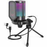 FIFINE Gaming USB Microphone for PC PS5, Condenser Mic with Quick Mute, RGB Indicator, Tripod Stand, Pop Filter, Shock Mount, Gain Control for Streaming